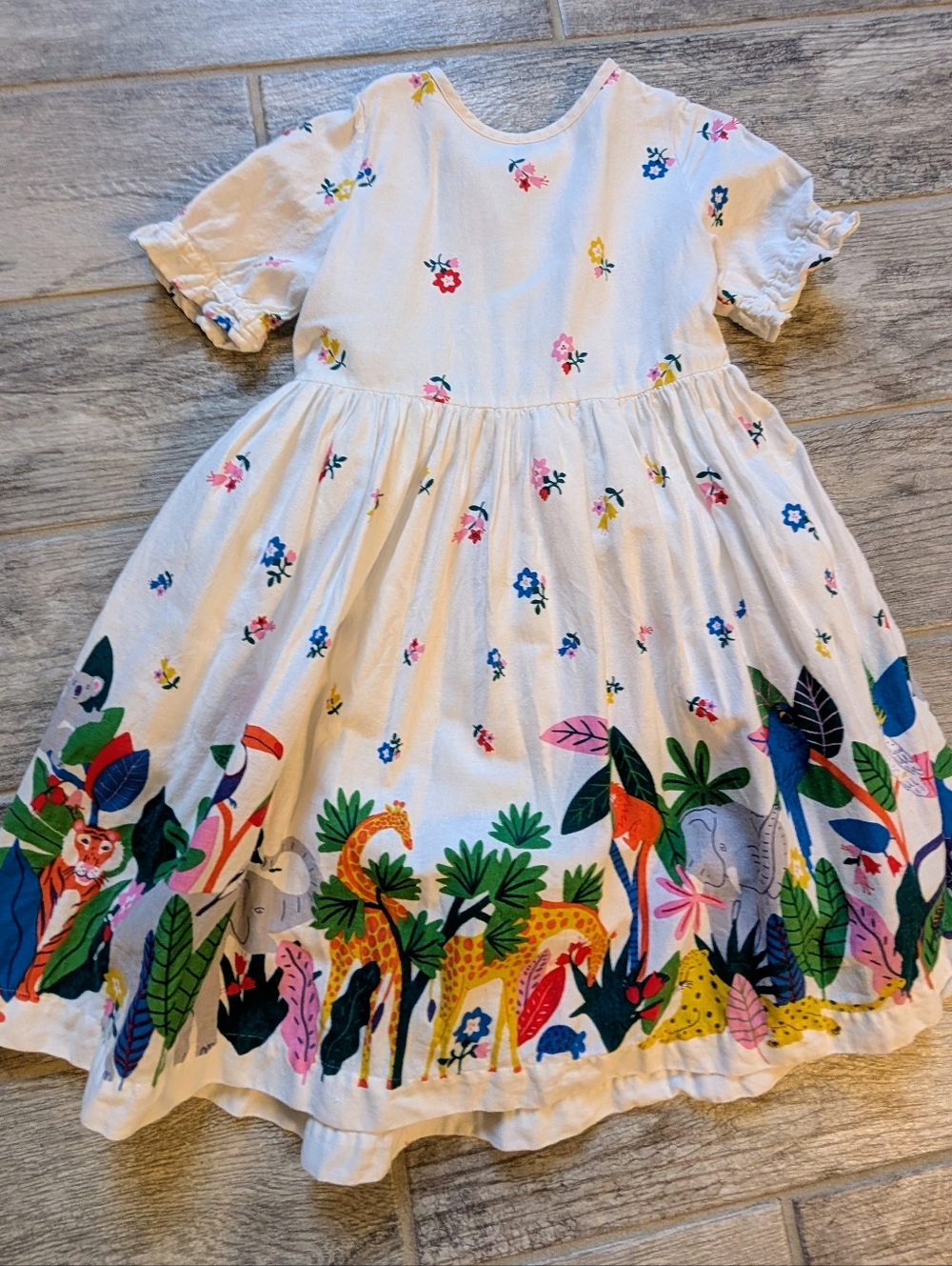 Mini Boden 6-7 EUC White Kids' Jungle Animal Print Dress